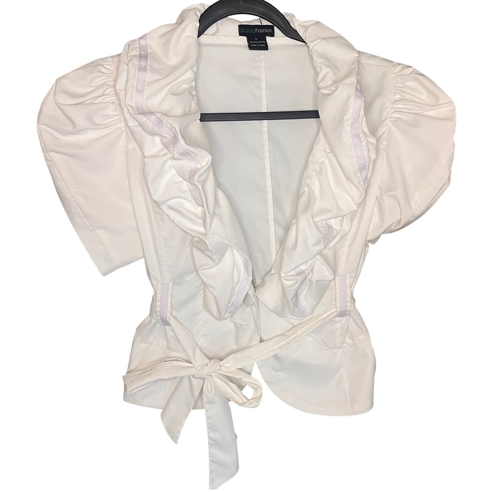 Gracia Fashion White Ruffle Puff Sleeve Wrap Jacket Peplum Tie Waist‎ Large Y2K